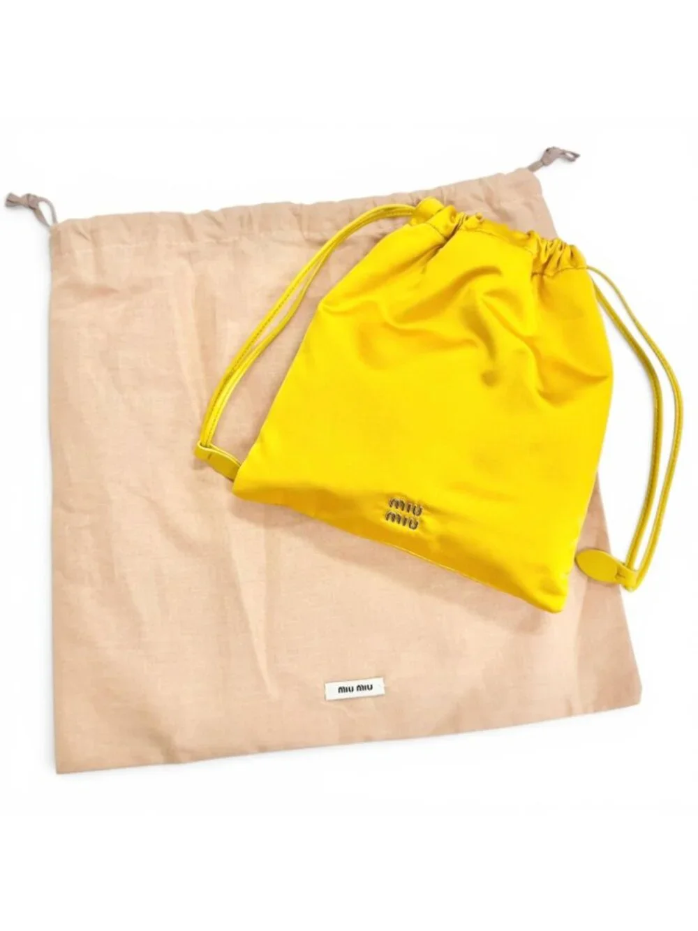 Miu Miu Duchess Drawstring Pouch Satin Silk Logo Mini Bag Yellow